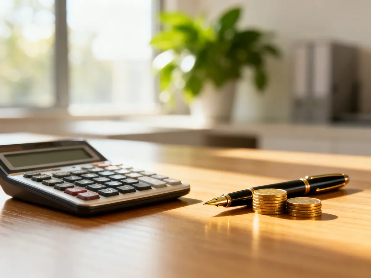 Kalkulator, pióro i monety na biurku, symbolizujące planowanie finansów i obliczanie wynagrodzenia.