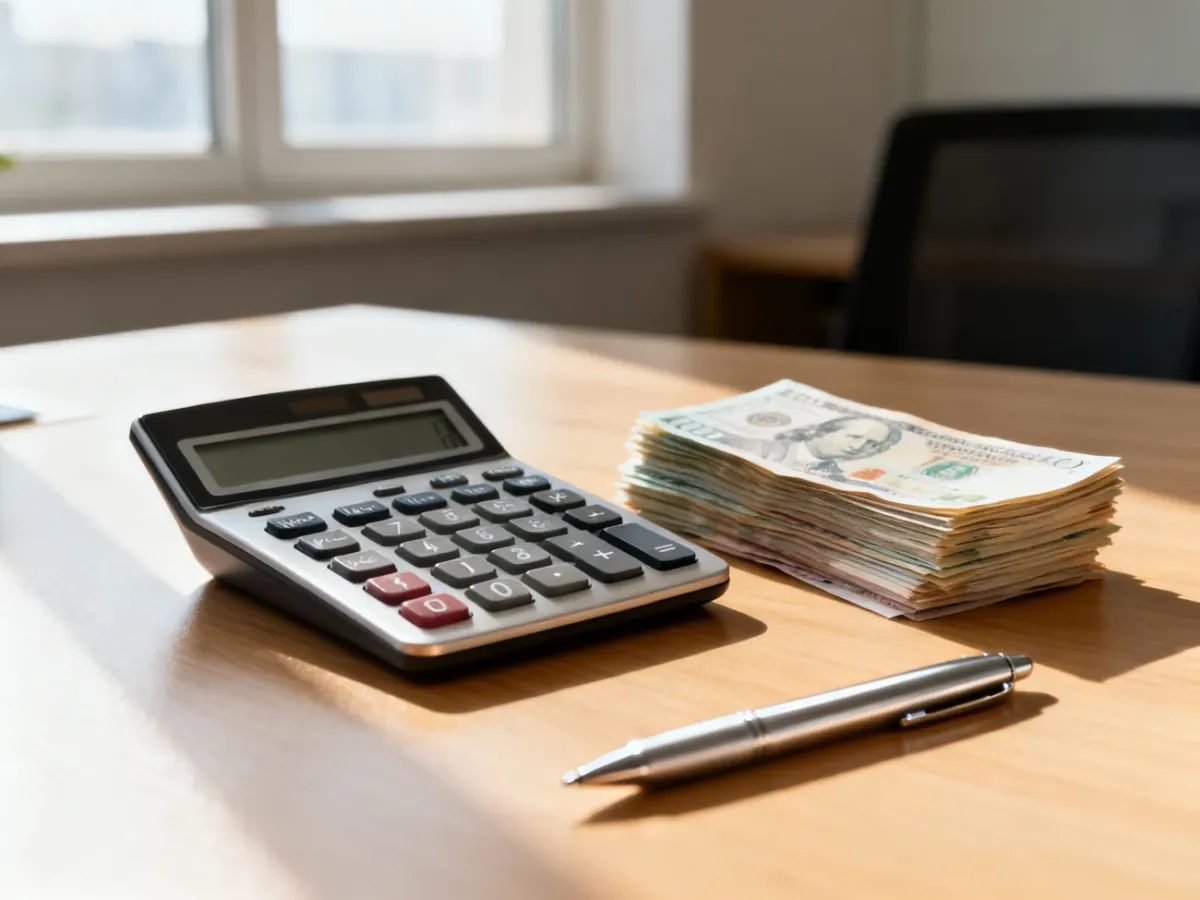 Kalkulator, banknoty i długopis na biurku, symbolizujące obliczenia finansowe i planowanie wynagrodzenia.