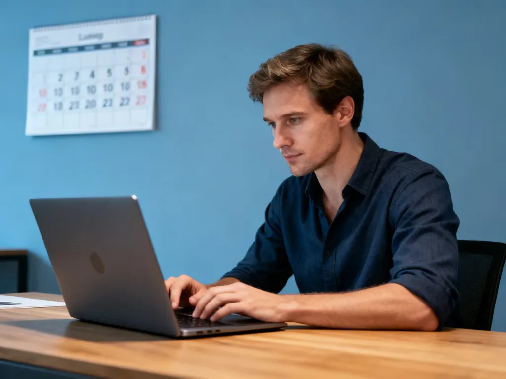 Skupiony mężczyzna pracujący przy laptopie w nowoczesnym biurze z kalendarzem na ścianie, symbolizujący efektywną pracę.