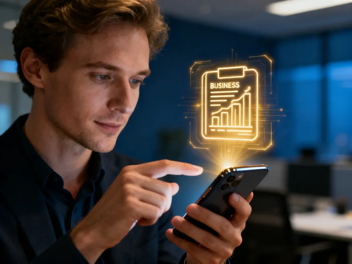Osoba trzymająca smartfon z wyświetloną hologramową ikoną raportu biznesowego w profesjonalnym biurze.