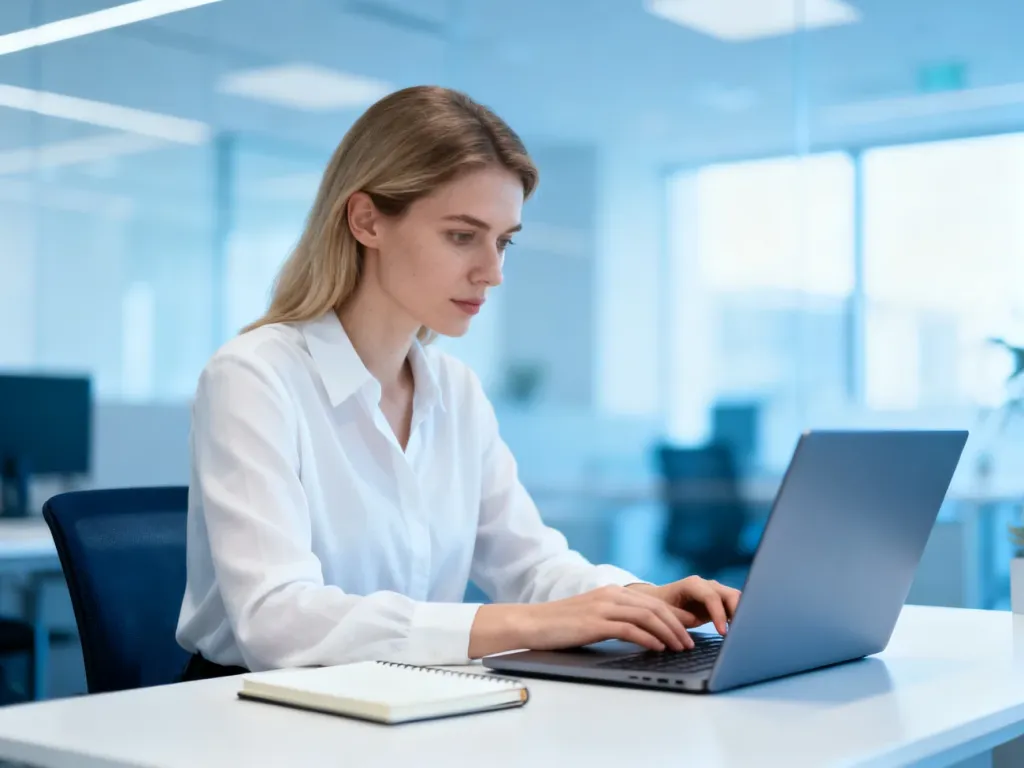 Skupiona pracownica biurowa przy laptopie w nowoczesnym, jasnym wnętrzu, symbolizująca profesjonalną komunikację.