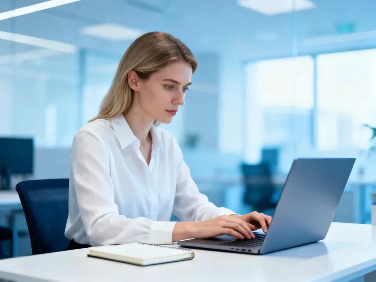 Skupiona pracownica biurowa przy laptopie w nowoczesnym, jasnym wnętrzu, symbolizująca profesjonalną komunikację.