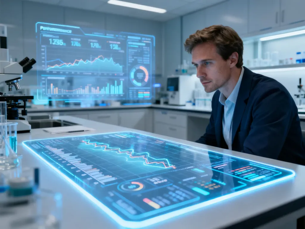 Specjalista analizujący zaawansowane wykresy wydajności na holograficznym ekranie w nowoczesnym laboratorium technologicznym.